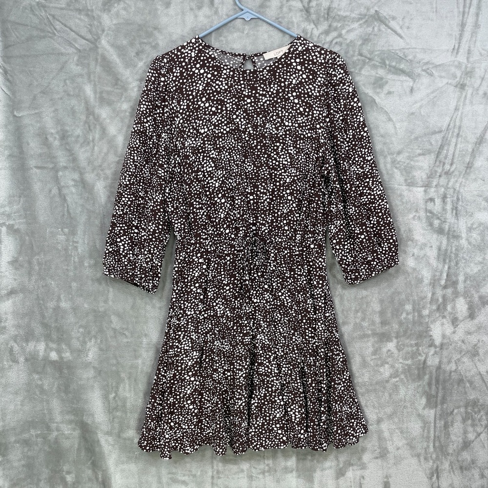 Loft Womens Size M Long Sleeve Dress Tie Waist Brown Dotted Viscose Open Back